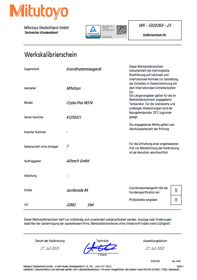 Werkskalibrierschein